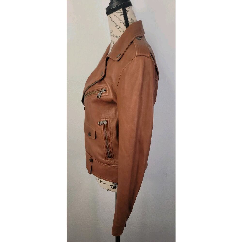 Polo Ralph Lauren Cognac Brown Lamb Leather Moto Jacket Size 2/4 Womens - Picture 10 of 16